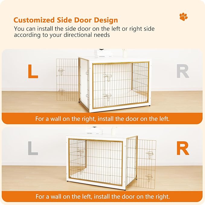 DWANTON Dog Crate Furniture with Cushion, Wooden Kennel Table with Double Doors, Indoor Dog House, Extra Large Size, 43.3" L, White+Gold