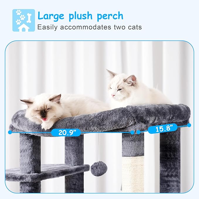 Hey-brother Cat Tree, 69.3-Inches Multi-Level Plush Cat Tower for Indoor Cats with Large Top Perch, Extra Spacious Hammock, 2 Hammocks Ramp, Hanging Ball, Smoky Gray MPJ037G
