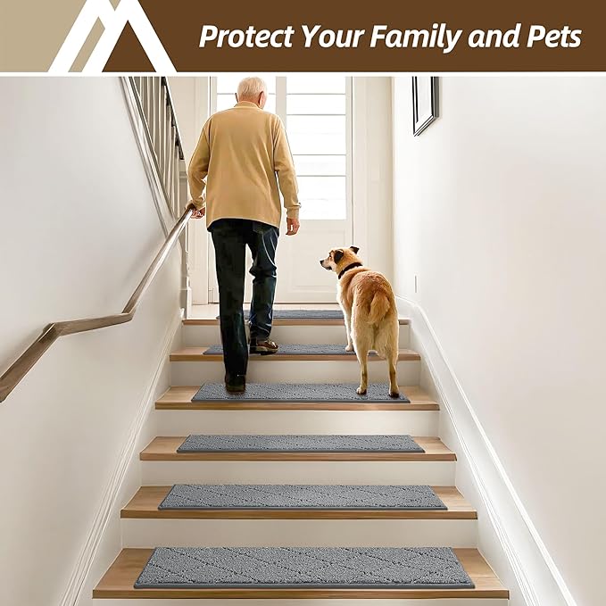 COSY HOMEER Stair Treads for Wooden Steps 9"x28" Washable Indoor Carpet Stair Treads Non Slip Soft Polyester Stair Carpet Tread Reusable Stair Runner Rugs for Kids, Elders,Pets,Medium Grey,4pcs