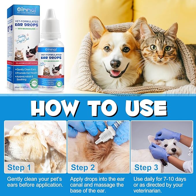 Dog & Cat Ear Infection Treatment Drops, Pets Ear Cleaning Drops with 1% Hydrocortisone for Dog & Cats Yeast Infection, Itchy Ear Relief, Pet Ear Care Supplies for Dogs & Cats -2fl oz