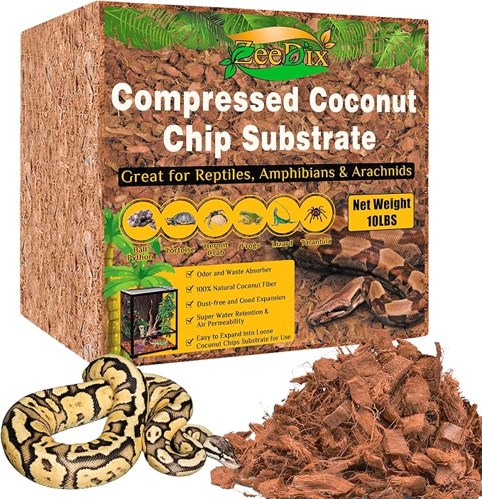ZeeDix 10LB Coco Fiber Chips Substrate for Reptiles, 72 Quart Coconut Fiber Husk Substrate Mulch Coco Chips Bricks Reptiles Bedding for Geckos, Lizards, Tortoises, Ball Python, Frogs
