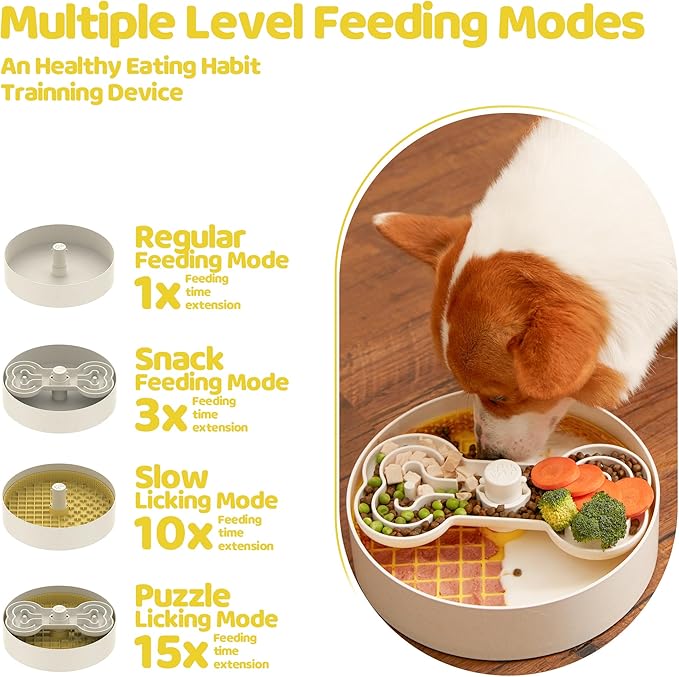 Slow Feeder Dog Bowl with Lick Mat and Puzzle Inserts - Non-Slip Base, Adjustable Speed Design, Dishwasher Safe for Large Dogs,Yellow