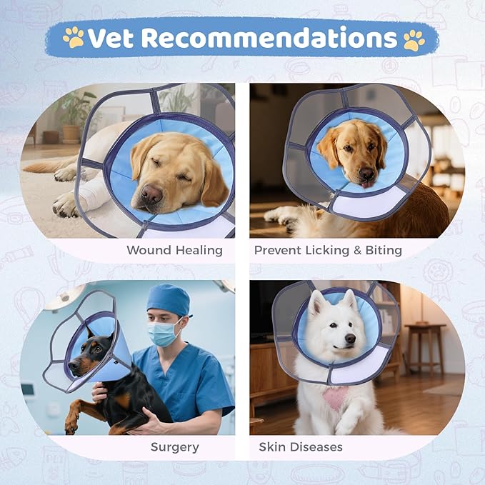 Soft Dog Cone Collar After Surgery Recovery,Adjustable E-Collar with Removable Shield,Lightweight,Breathable Anti-Licking Protective Cone for Large,Medium,Small Pets (Blue, XL (Neck:17''-22''))
