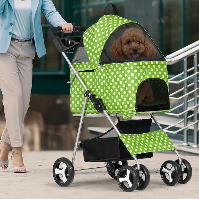 Magshion Foldable Pet Stroller, 3-in-1 Dog Travel Jogger with Detachable Carrier, Cup Holder, Storage Basket, Folding Carrier for Small/Medium Dogs & Cats Up to 33 lbs, Lawn Green Polka Dots