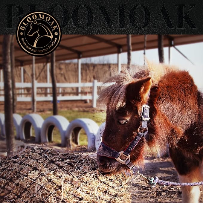 Bloomoak Slow Hay Net Feeder for Horses, Durable Soft Black PE 2/3 String Hay Bales Bags, Fit 36x18x18 to 47x25x17 Inches, Extends 50-64 Inches (3 1.6" Hole/1PC)