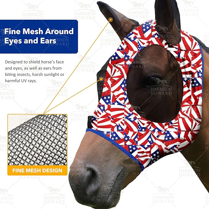 Harrison Howard Super Comfort Stretchy Fly Mask Large Eye Space with UV Protection Soft on Skin with Breathability Flag Grid M