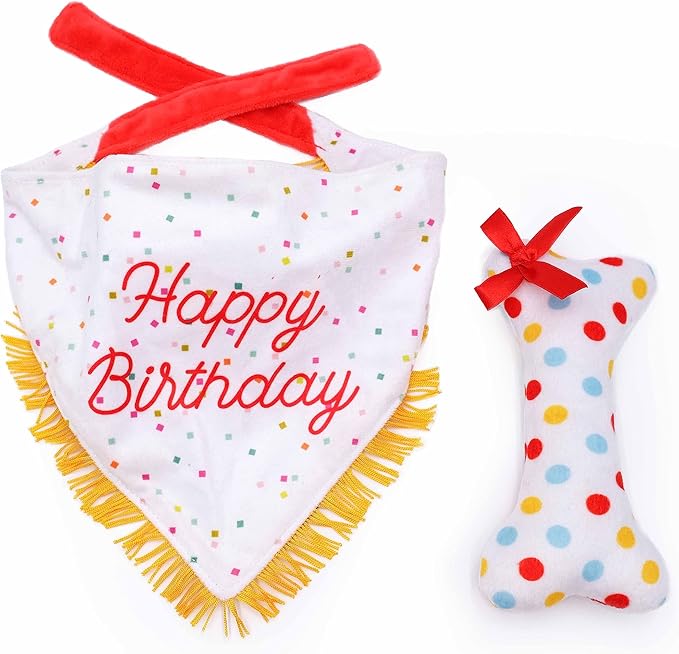 ZippyPaws Dog Birthday Gift Bandana & Bone - Cute Accessories for Girl & Boy Dogs, Holiday Set, Fits Small, Medium, & Large Dogs, Stuffed Plush Toy, Machine Washable Handkerchief - One Size Fits Most