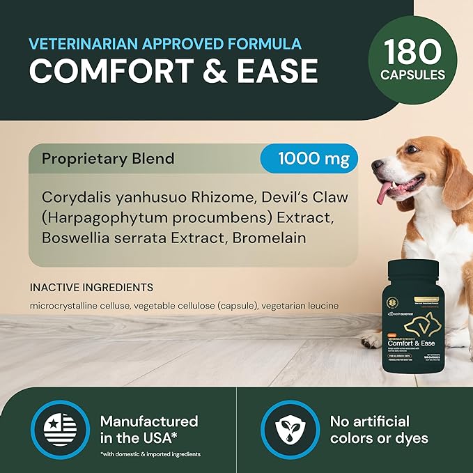VETRISCIENCE Veterinary Strength Comfort & Ease Capsules - Mobility Supplement for Pets - Supports Aches from Normal Exercise - Joint Care for Dogs & Cats - 180 Count
