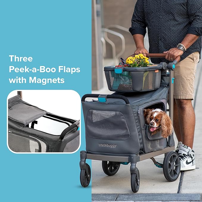 Pet XL Foldable Cart - Adjustable & Portable Pet Stroller with Caddy, Shopping Basket, Foam Filled Rubber Wheels & Storage - Carriage for Small & Medium Dogs, Cats Under 75 lbs