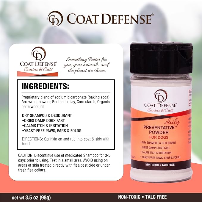 COAT DEFENSE Preventative Powder | Made in USA | 3.5oz Waterless Dog Shampoo & Pet Deodorizer for Smelly Dogs | Provides Anti Itch Relief | Dog Shampoo for Dry Itchy Skin & Smelly Dogs