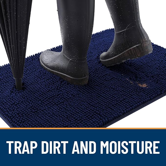 OLANLY Dog Door Mat Set 2-Piece 36x24, Absorbs Moisture and Dirt, Absorbent Non-Slip Washable Doormat, Quick Dry Chenille Mud Mat for Dogs, Entry Indoor Entryway Carpet for Inside Floor, Navy Blue