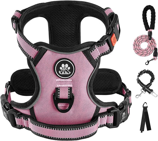 IVY&LANE No Pull Dog Harness for Large Dogs, Reflective Dog Vest Harness with Leash, Safety Belt and Storage Strap, Fully Adjustable Harness with Soft Handle (Pink, L)