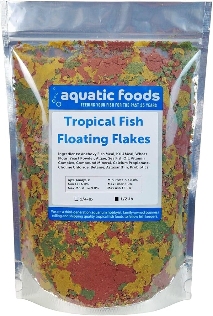 Aquatic Foods Inc. Tropical Fish Flakes, Mix of Krill, Color Enhancing, Spirulina Flakes for Cichlids, Angels, Tetras, Guppies. 12-Type Pellet Mix & 4-Type Wafers Included...WL 1/2-lb Foil Bag