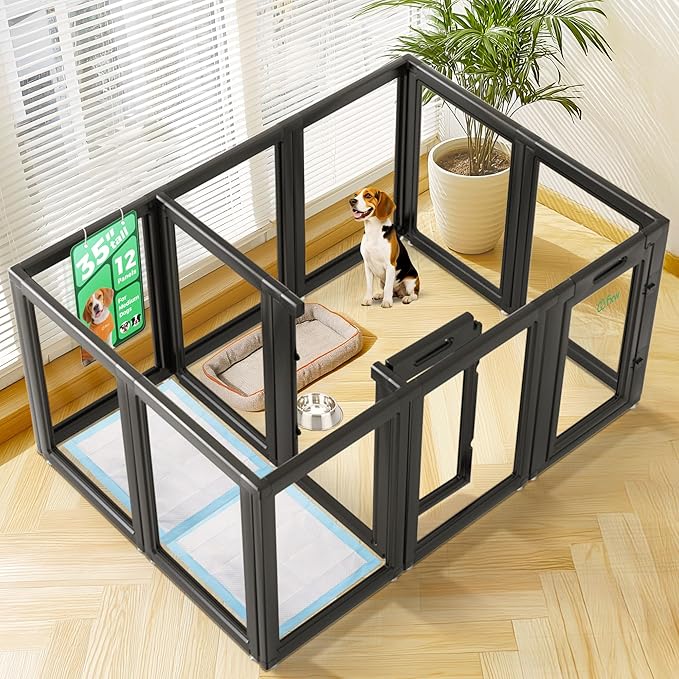 FXW AuraSpace Acrylic Indoor Unleashed Dog Playpen for Medium Dogs, 35 Inch, 12 Panels, Black