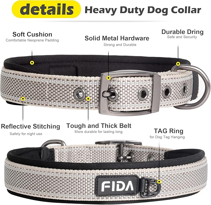 Fida Heavy Duty Dog Collar, Ultra Comfortable Soft Neoprene Padded, Adjustable Reflective Nylon Pet Collar with Durable Metal Belt Buckle for Medium Breeds (M, Grey)