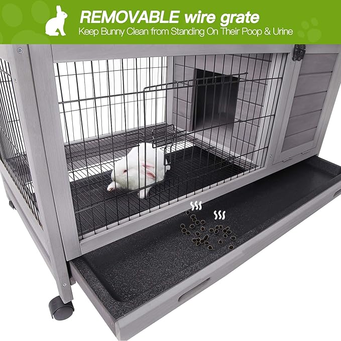 Indoor Rabbit Hutch Bunny Cage with 4 Casters, Bunny Hutch -Removable Wire Grate