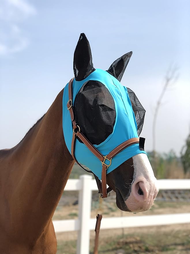 Horse Fly Mask Super Comfort Horse Fly Mask Elasticity Fly Mask with Ears We Only Make Products That Horses Like… (Pacific Blue, M)