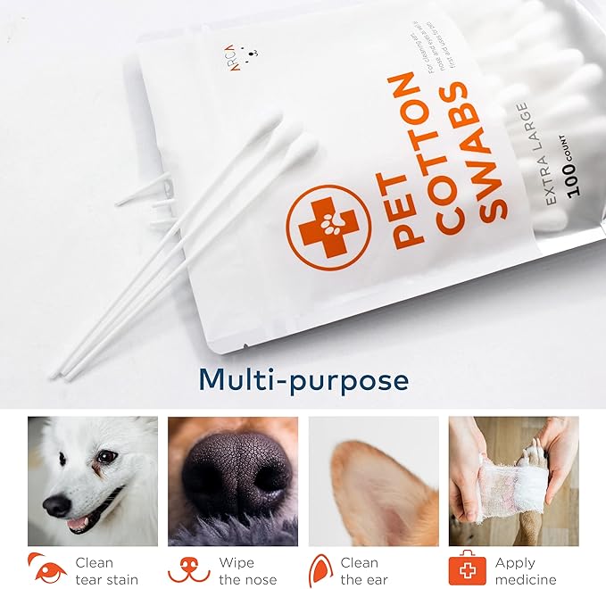 Cotton Swabs for Dogs and Cats - Cat & Dog Ear Cleaner Long Cotton Swab - Extra Large Cotton Head, Cat & Dog Ear Cleaning Kit for Puppies, Multipurpose Pet Cotton Swabs (Extra Large 100 Buds)