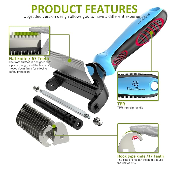 Spring Blossoms-2 in 1 Professional Grooming Rake for Cats & Dogs-Dematting Comb for Easy Mats & Tangles Removing,Pet Brush Safe No More Nasty Shedding and Flying Hair (Blue)