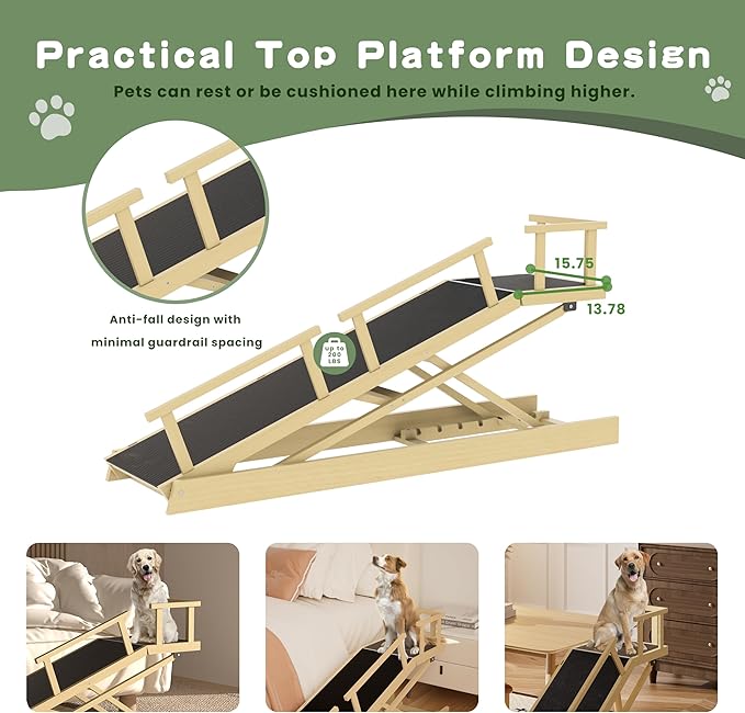 6 Level Height Adjustable Dog Ramp for Bed, Couch 65" Foldable Pet Ramp with Non-Slip Mat，DIY Glow Strips & Rest Platform Heavy Duty Dog Stairs for Large Dogs up to 200Lbs ，Wood Color