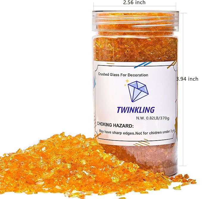 TWINKLING High Luster Crushed Glass Glitter, Broken Glass, Fire Glass Gems Chips for Fire Pit, DIY Resin Art, Epoxy Crafts, Geode Painting, Aquarium Decoration, 6-9mm(370g/13oz.) (Orange Yellow)