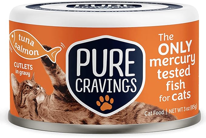 Wet Cat Food Canned Tuna and Salmon Cutlets in Gravy, 100% Mercury-Tested, Moist Can Fish for Cats, Grain-Free, Protein, Non-GMO, Pack of 12