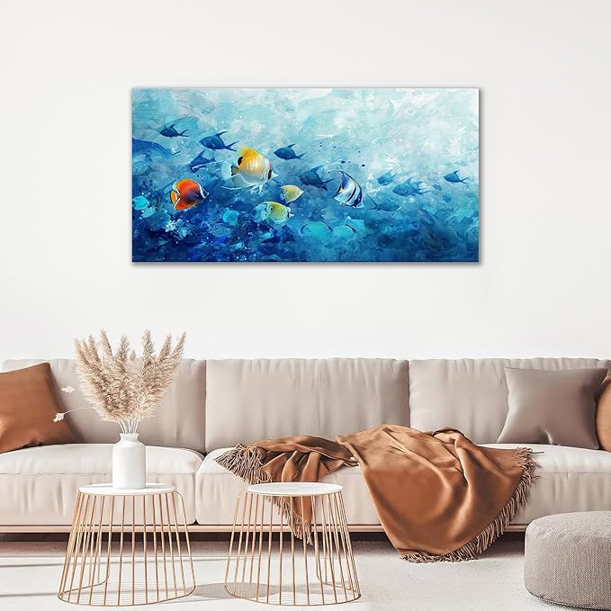 Extra Large Wall Art Tropical Fish Canvas Living Room Pictures Framed Prints Ocean Blue Oversize Wall Decor Animal Painting Artwork for Bedroom Dining Office Home 60"x30"