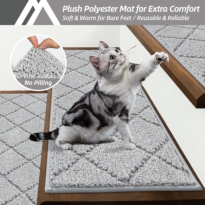 COSY HOMEER Edging Stair Treads Non-Slip Carpet Mat 28inX9in Indoor Stair Runners for Wooden Steps, Edging Stair Rugs for Kids and Dogs, 100% Polyester TPE Backing (10pc, Grey)