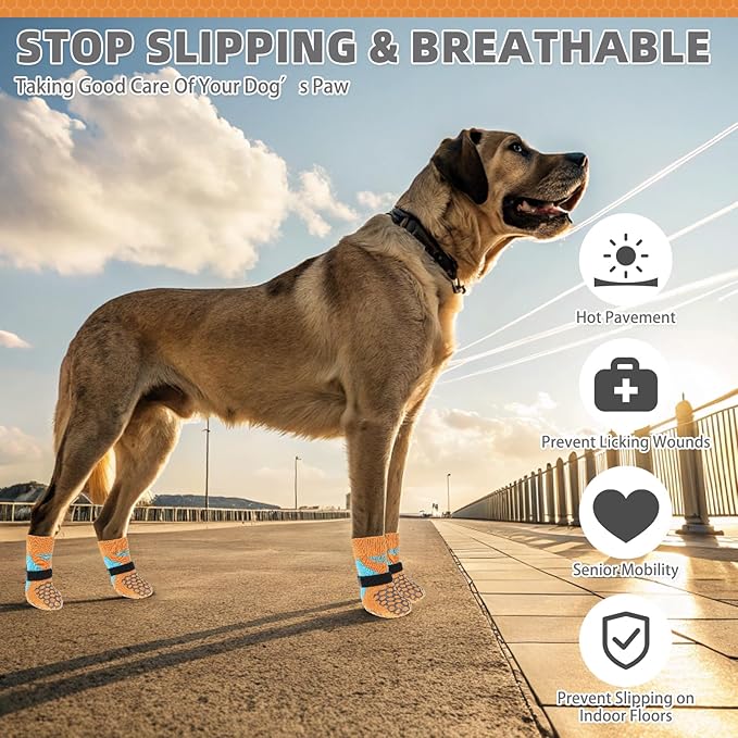 KOOLTAIL Dog Socks for Hot Pavement, Summer Breathable Dog Socks to Prevent Licking Paws, Non Slip Pet Boots&Paw Protectors for Hardwood Floor,Grippy Shoes for Small Medium Large Senior Dogs,Orange XS