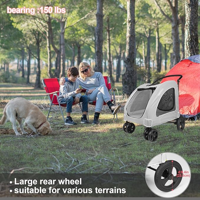 Large Dog Travel Stroller with 4 Heavy Duty Wheels Pet Stroller with Adjustable Handle - Double Doggie Capacity Jogger Wagon with Back Front Door for Small Medium Large Dogs (Grey)