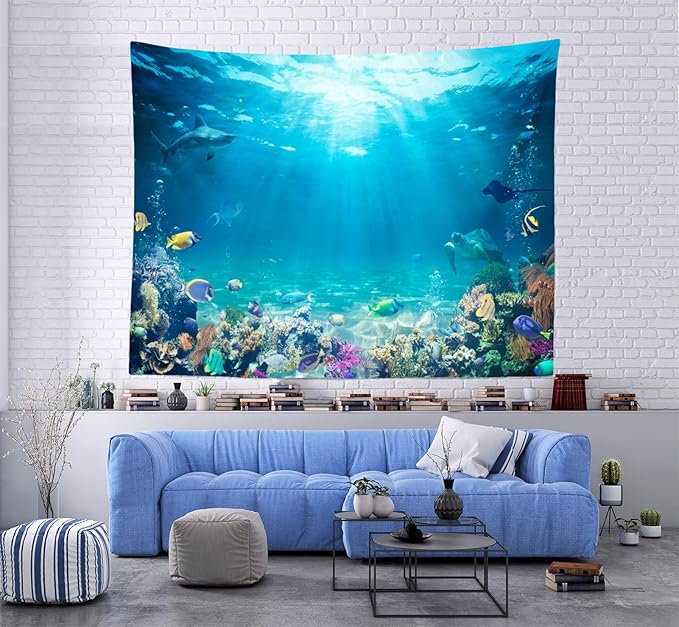 Underwater World Tapestry Blue Ocean Wall Hanging Under the Sea Coral Reef Wall Tapestry Tropical Fish Tank Undersea Tapestries Marine Wall Art for Bedroom Living Room Dorm Decor 118''x98''