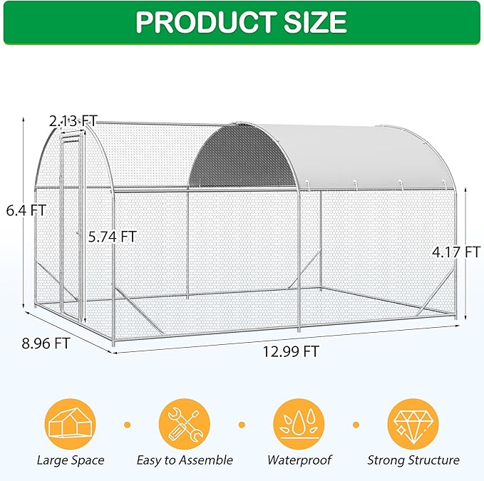 Large Metal Chicken Coop, Walk-in Chicken Run Pen with Waterproof Cover, Dome Roof Poultry Cage for Outdoor, Backyard, Farm (8.96'Wx12.99'Lx6.4'H)
