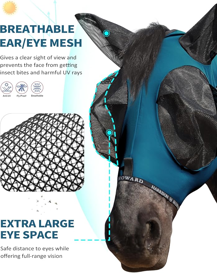 Harrison Howard Horse Fly Mask with Forelock Opening Stretch Breathable and Comfortable for Horses UV -Protection Peacock Blue M