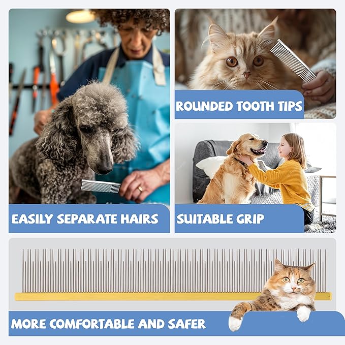 8.5 Inch Dual Tooth Pet Comb for Mats and Tangles，Professional Grooming Comb Removing Excess Hair for Long-Haired Cats and Dog Kit,Prevent Undercoat, Excess Hair,Mats and Tangles,Pet Essential
