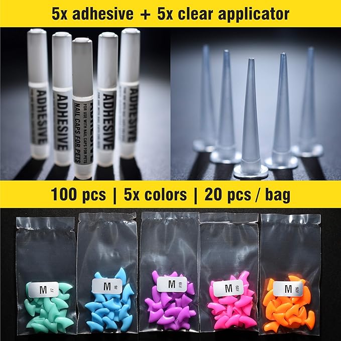 zetpo 100 pcs Cat Nail Caps | Cat Claw Covers | with Adhesives and Applicators (M, Turquoise, Sky Blue, Purple, Rose, Orange Peel)