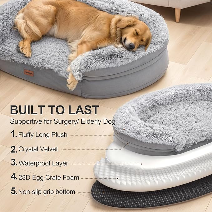 3.7 inch Thickened Orthopedic Dog Beds for Large Dogs, Supportive Dog Sofa Bed with 28D Egg-Crate Foam, Removable Washable Plush Cover, Waterproof Lining, Half-Round Design for Puppy, Senior Dog