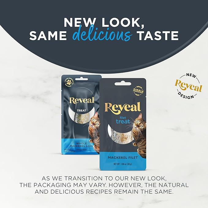 Reveal Natural Whole Protein Fillet Cat Treats, Single Ingredient, Grain Free, High Protein Treats for Cats, for Training, Treating, or Snacking, Whole Mackerel Loin (12 x 1.06 oz Loin)