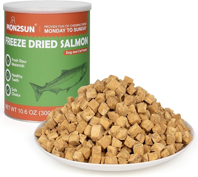 MON2SUN Freeze Dried Salmon Cat and Dog Treats, Single Ingredient Natural and Healthy Dog Snacks, High Protein Training Treats & Food Topper, 10.6oz