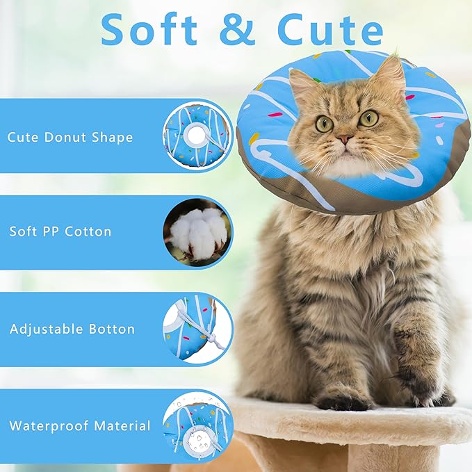 Cat Cone Collar Soft, Adjustable Cat Recovery Collars Kitten Cones to Stop Licking, Cute Donut E Collar After Surgery, Cats Neck Pillow Elizabethan Cones of Shame (Waterproof Blue, Small)
