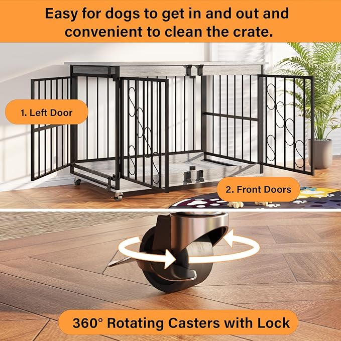 COZPAW Dog Crate Furniture, 48 Inch Dog Crates for Medium/Large Dogs, Farmhouse Wood Dog Kennel Indoor Heavy Duty Dog Cage with Caster Wheels (Gray)