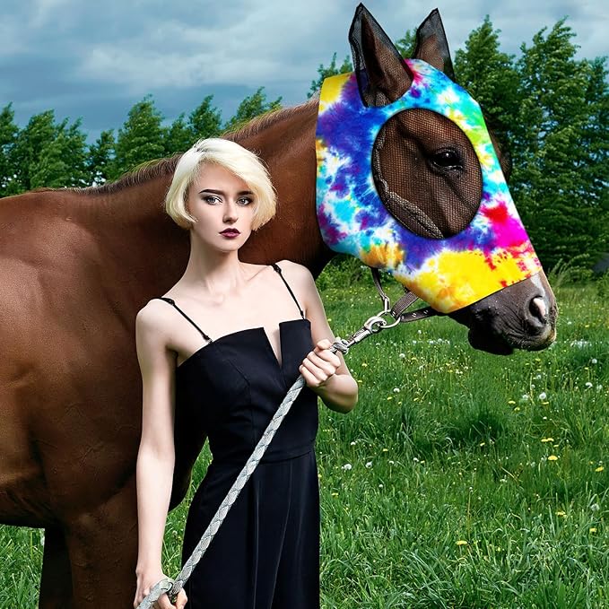 Chunful 6 Pcs Horse Fly Masks with Ears Smooth and Comfortable Cashel Mesh Fly Mask Elasticity Breathability UV Protection Horse Face Covering for Riding Supplies(Tie Dye,Medium)