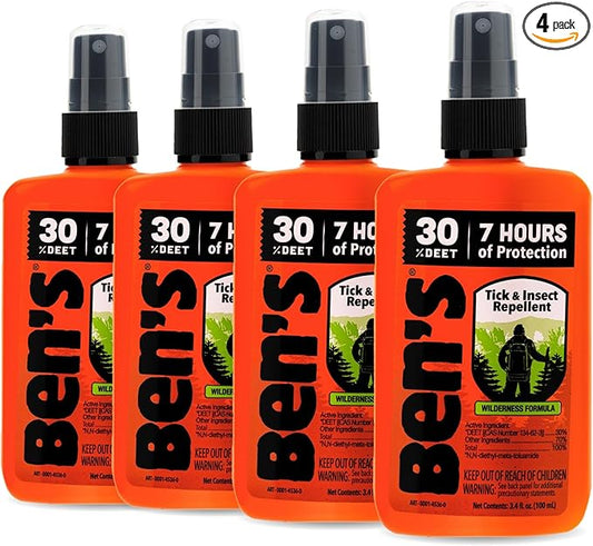 Ben's Tick & Insect Repellent - Travel Size Bug Spray with 30% DEET for Mosquitoes, Ticks & More - Up to 7 Hours of Protection - Fragrance-Free - 3.4 Fl Oz (4 Pack)
