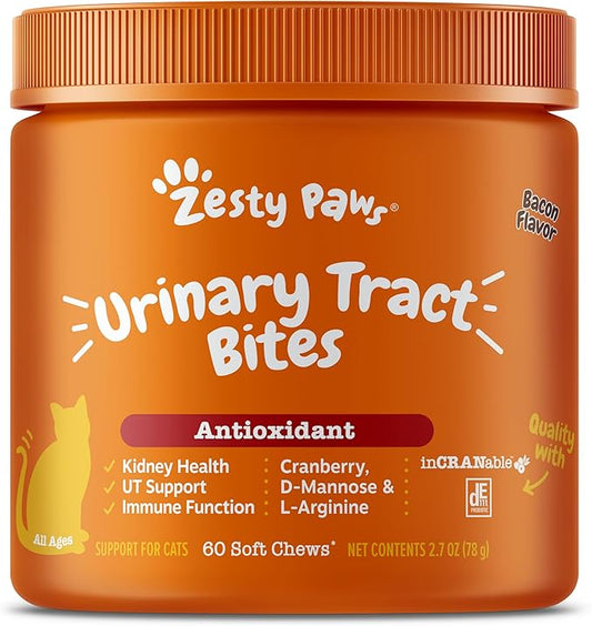 Zesty Paws Cranberry Urinary Tract Bites for Cats - Kidney & Urinary Tract Health - Soft Chews with D-Mannose, Vitamin B6 & L-Arginine - Immune & Gut Support - Bacon - 60 Count
