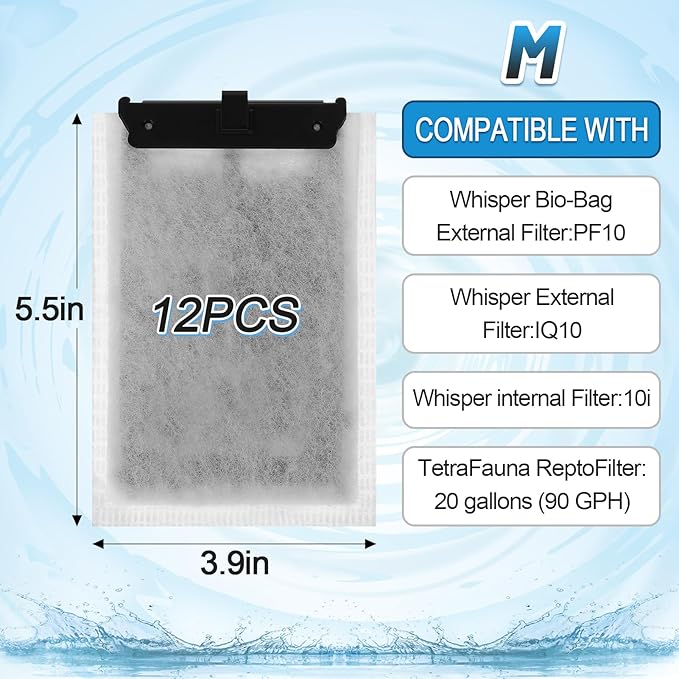 MEWTOGO 12Pcs Medium Filter Cartridges Compatible with Tetra Whisper Bio-Bag M, Aquarium Replacement Filter with Ultra-Activated Carbon for 10i IQ10 PF10 ReptoFilter Creating Clean Environment