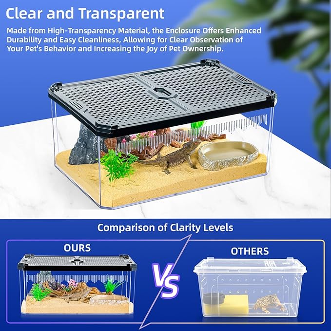 High-Transparency Reptile & Insect Enclosure Terrarium with Magnetic Door, Excellent Ventilation, Easy Cleaning, and Strong, Long-Lasting Build for Gecko, Tarantula, Hermit Crab (9.3x6.2x4.6 Inch)