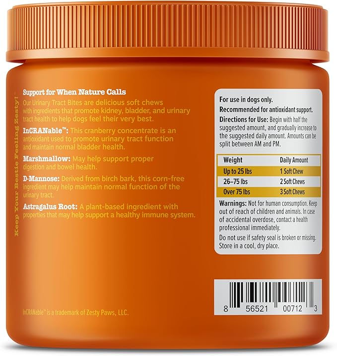 Zesty Paws Cranberry Supplement for Dogs - Bladder Control for Dogs - Urinary Tract Support - Cranberry Chews - Immune & Gut Support - Chicken - 90 Count