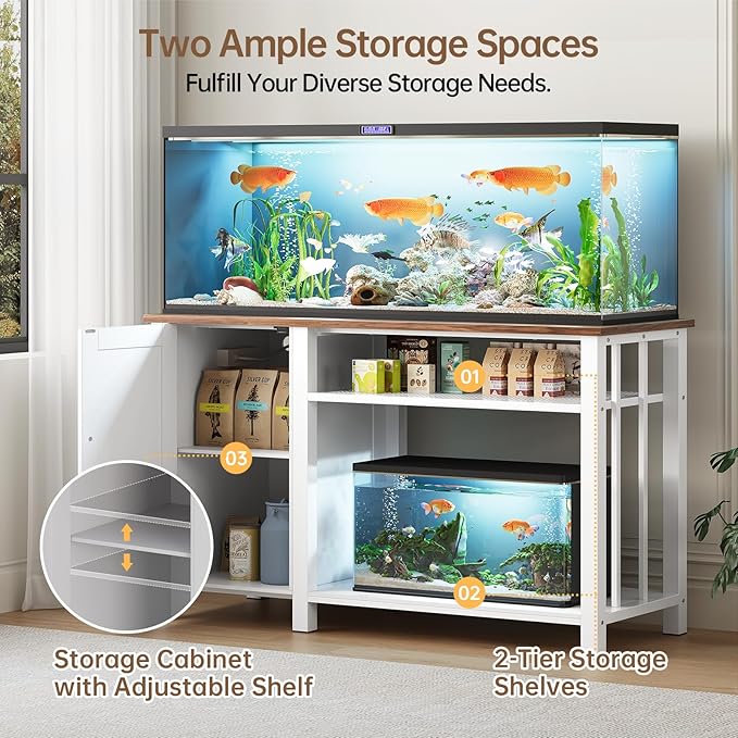 55-75 Gallon Aquarium Stand with Power Outlet, Heavy Duty Fish Tank Stand with Cabinet Storage & Adjustable Shelf, for Fish Tank, Turtle Tank, Reptile Terrarium, 1000LBS Capacity, White