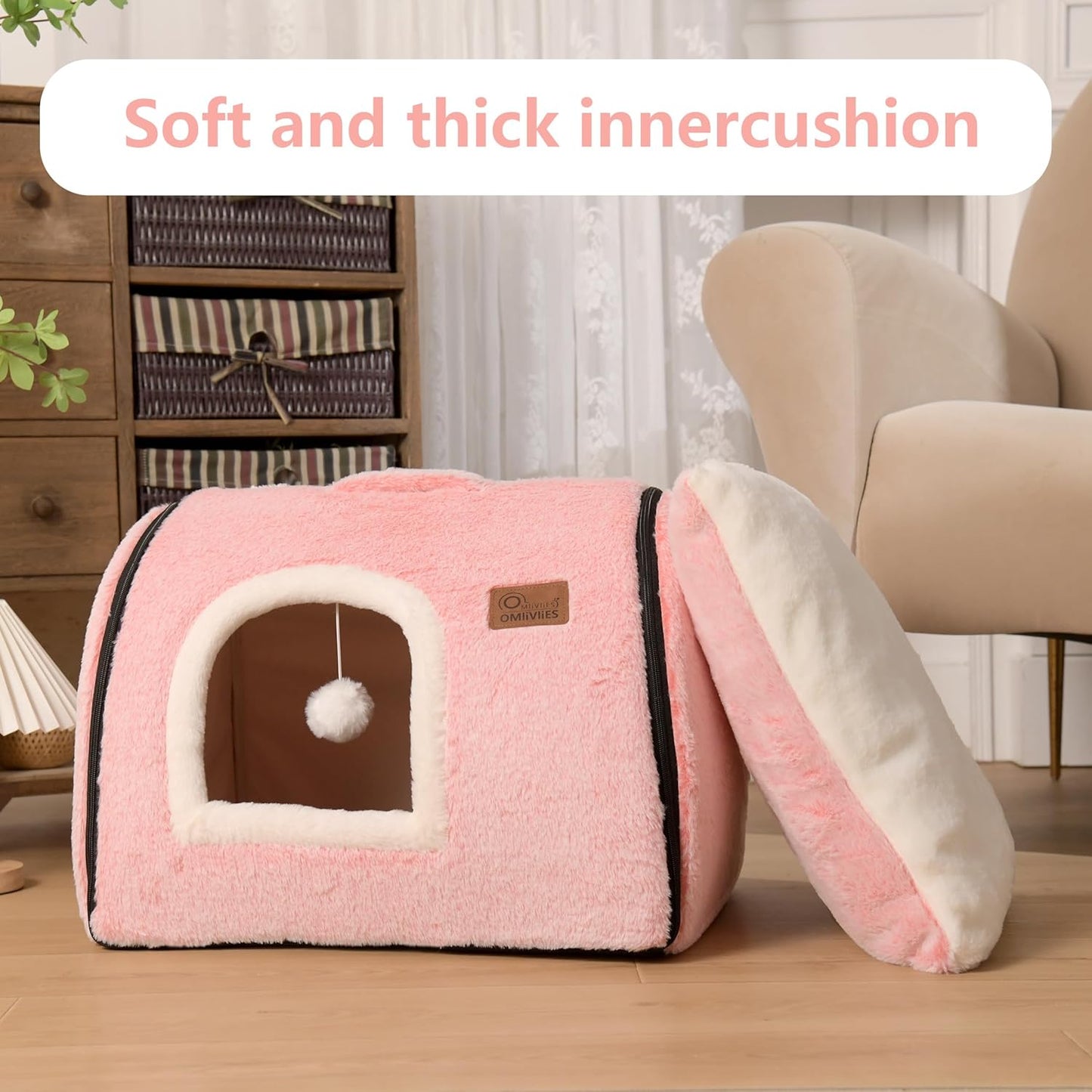 cat Bed cave-cat beds for Indoor Cats,Soft and Comfortable,Cute cat House,with Removable Washable Cushioned Pillow,Enclosed cat Bed,Kitty pet hut、Hideaway,Small Dog Tent, (Gray/Pink)