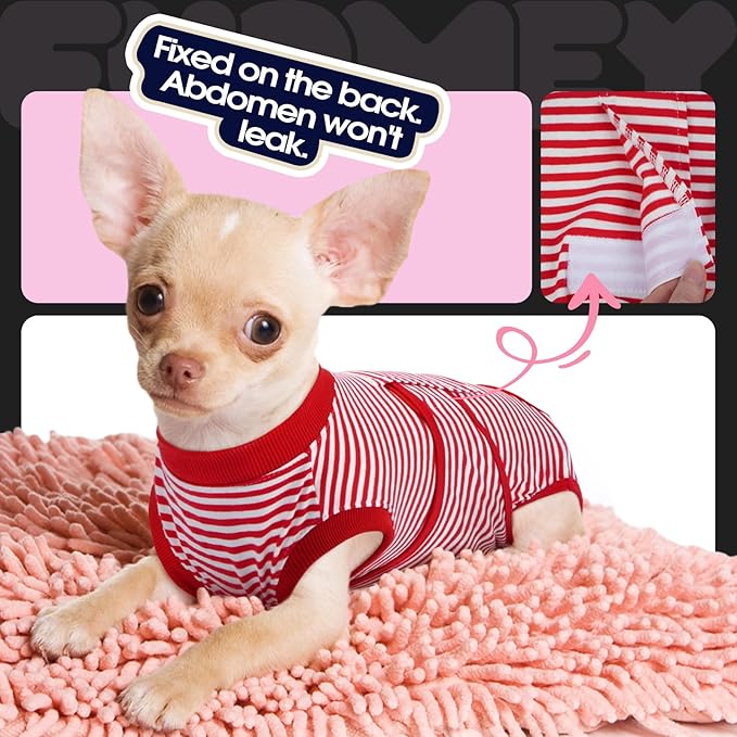 FUAMEY Dog Recovery Suit Male,Dogs Surgery Neuter Suits Puppy Spay Shirts for Female Protect Dog's Skin Anti Licking Abdominal Wounds Doggie Onesie Pet Bodysuit Alternative to Cone Red Stripes XS