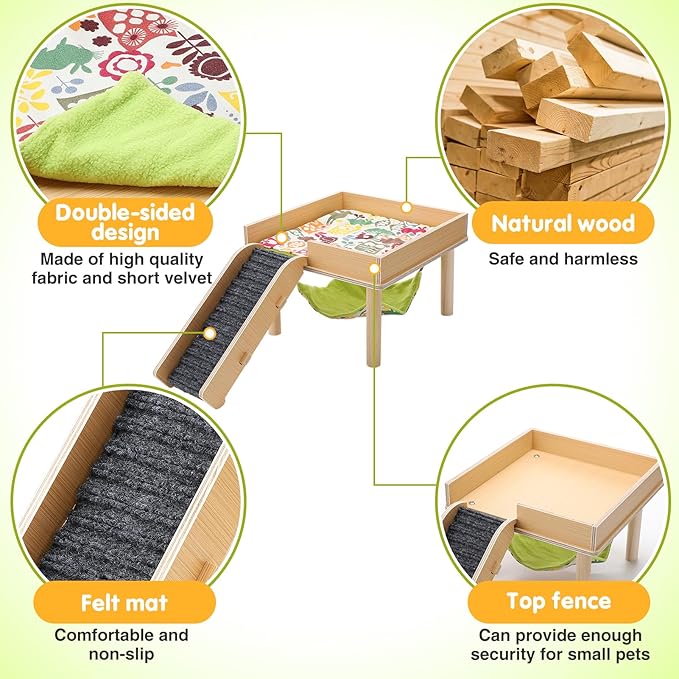 Guinea Pigs Hammock with Platform, Safe Wooden Guinea Pig Hideout with Stairs, Durable Small Pet Bed for Piggies Chinchilla Rat Hamster Bunny (Single Hammock)